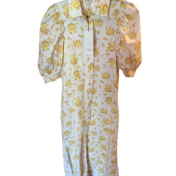 NWT Rowie XS Floral Yellow Puff Sleeve Midi Dress Casual - Picture 1 of 9